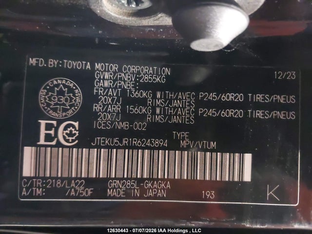 2024 Toyota 4runner Limited მანქანა იყიდება აუქციონზე, vin: JTEKU5JR1R6243894, აუქციონის ნომერი: 12630443