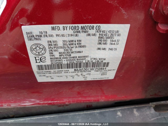 12630444 :رقم المزاد ، MAJ6S3GL5KC250864 vin ، 2019 Ford Ecosport Se مزاد بيع
