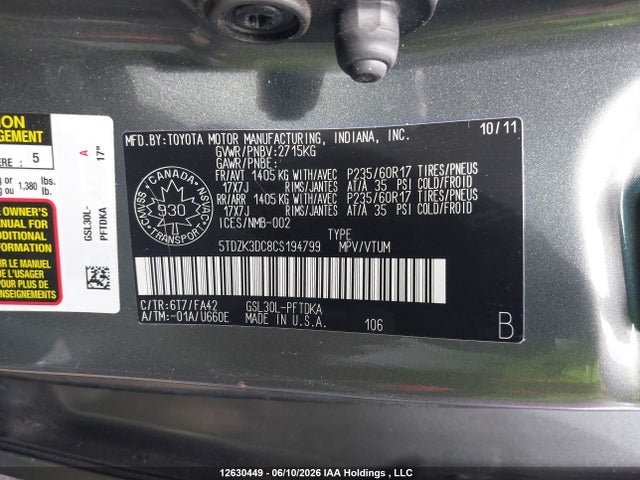 2012 Toyota Sienna მანქანა იყიდება აუქციონზე, vin: 5TDZK3DC8CS194799, აუქციონის ნომერი: 12630449