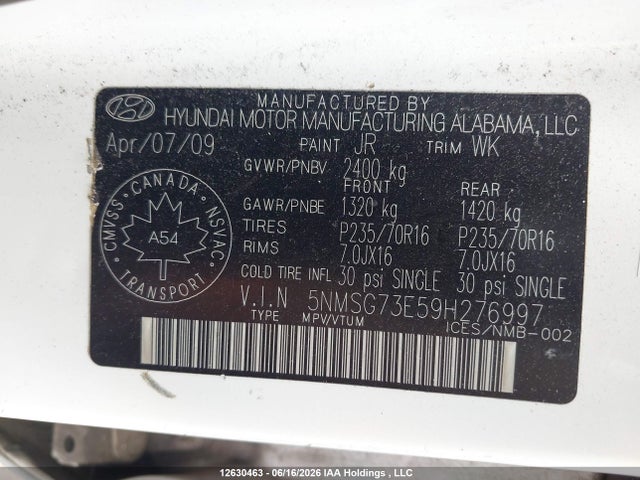 2009 Hyundai Santa Fe Gl მანქანა იყიდება აუქციონზე, vin: 5NMSG73E59H276997, აუქციონის ნომერი: 12630463