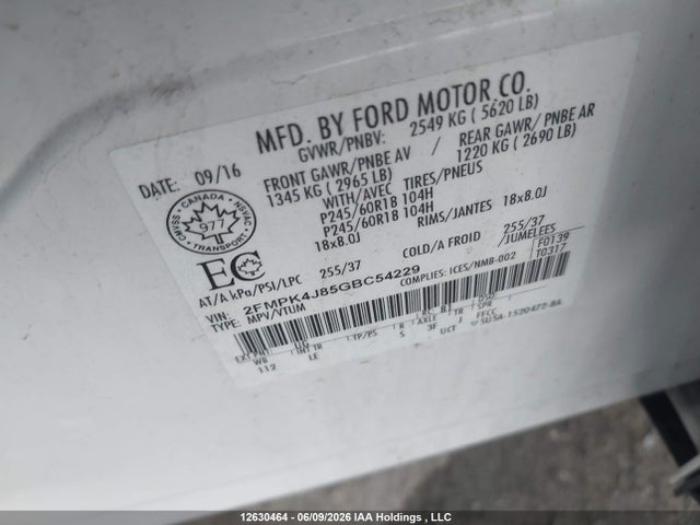 12630464 :رقم المزاد ، 2FMPK4J85GBC54229 vin ، 2016 Ford Edge Sel مزاد بيع