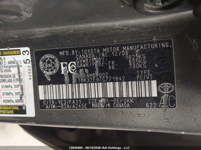 12630468 :رقم المزاد ، 2T1BR32E97C771842 vin ، 2007 Toyota Corolla Ce/le/s مزاد بيع
