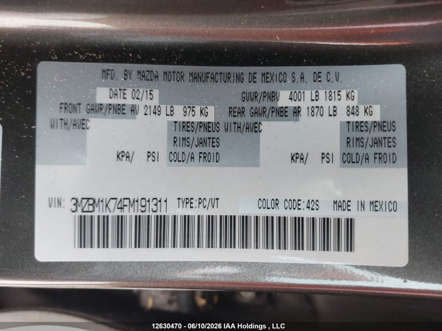 3MZBM1K74FM191311 Mazda 3 SPORT