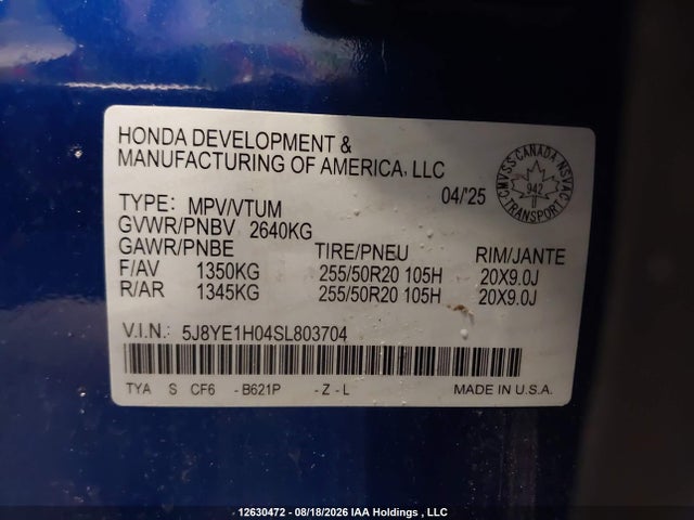 12630472 :رقم المزاد ، 5J8YE1H04SL803704 vin ، 2025 Acura Mdx A-spec مزاد بيع