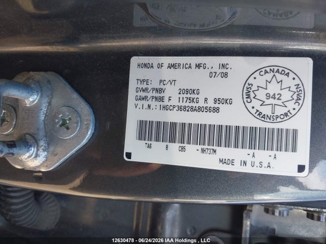 12630478 :رقم المزاد ، 1HGCP36828A805688 vin ، 2008 Honda Accord Ex-l V6 مزاد بيع