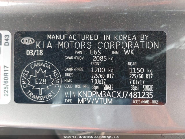 KNDPM3ACXJ7481235 KIA Sportage Lx