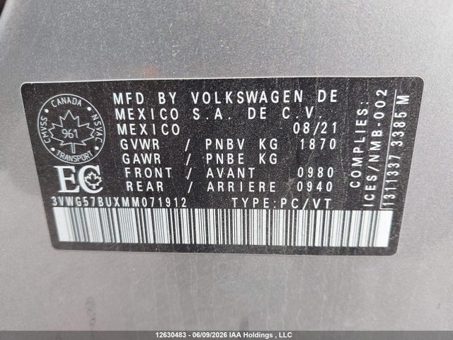 Aukcja sprzedaży 2021 Volkswagen Jetta Execline, vin: 3VWG57BUXMM071912, numer aukcji: 12630483