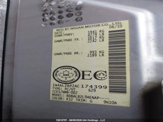 12615797 :رقم المزاد ، 1N4AL2AP2AC174399 vin ، 2010 Nissan Altima 2.5 S مزاد بيع