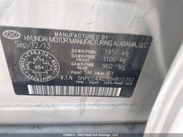 12596874 :رقم المزاد ، 5NPEC4AC7DH810392 vin ، 2013 Hyundai Sonata Se مزاد بيع