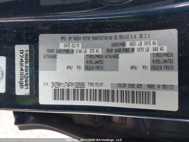 3MZBM1V74FM192566 Mazda Mazda3 Gs