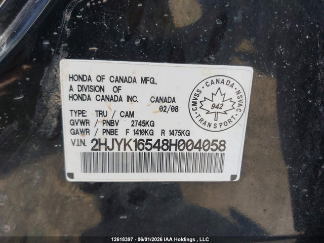 Продажа на аукционе авто 2008 Honda Ridgeline Ex-l, vin: 2HJYK16548H004058, номер лота: 12618397