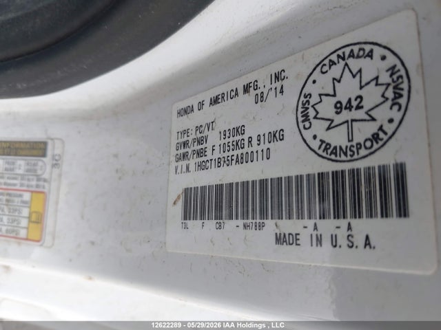 12622289 :رقم المزاد ، 1HGCT1B75FA800110 vin ، 2015 Honda Accord Ex مزاد بيع