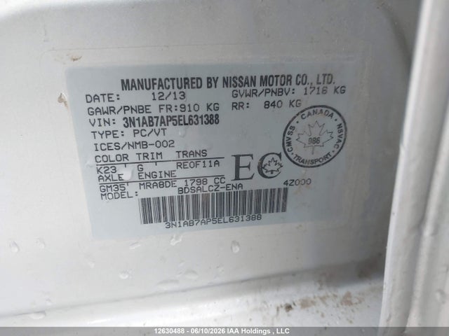 12630488 :رقم المزاد ، 3N1AB7AP5EL631388 vin ، 2014 Nissan Sentra 1.8 S/1.8 Sl/1.8 Sr/1.8 Sv مزاد بيع