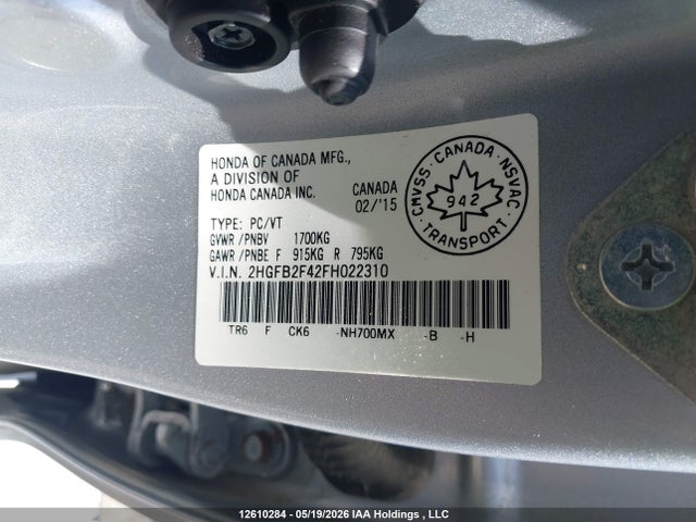 12610284 :رقم المزاد ، 2HGFB2F42FH022310 vin ، 2015 Honda Civic Lx مزاد بيع