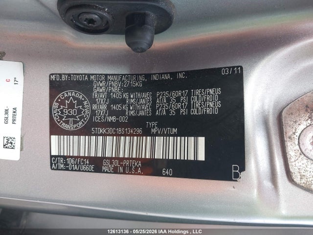 2011 Toyota Sienna Le V6 მანქანა იყიდება აუქციონზე, vin: 5TDKK3DC1BS134296, აუქციონის ნომერი: 12613136