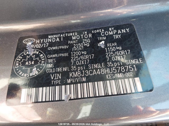12619725 :رقم المزاد ، KM8J3CA48HU578751 vin ، 2017 Hyundai Tucson Se مزاد بيع