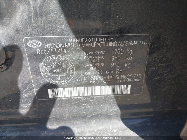 12621127 :رقم المزاد ، 5NPDH4AE6FH625736 vin ، 2015 Hyundai Elantra Gl مزاد بيع