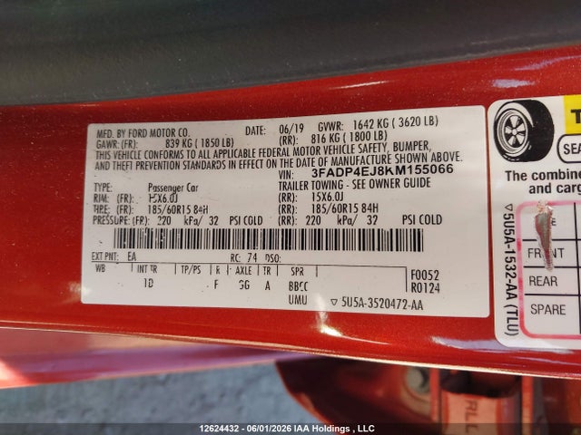 Продажа на аукционе авто 2019 Ford Fiesta Se, vin: 3FADP4EJ8KM155066, номер лота: 12624432