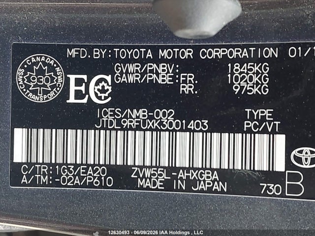Aukcja sprzedaży 2019 Toyota Prius Technology, vin: JTDL9RFUXK3001403, numer aukcji: 12630493