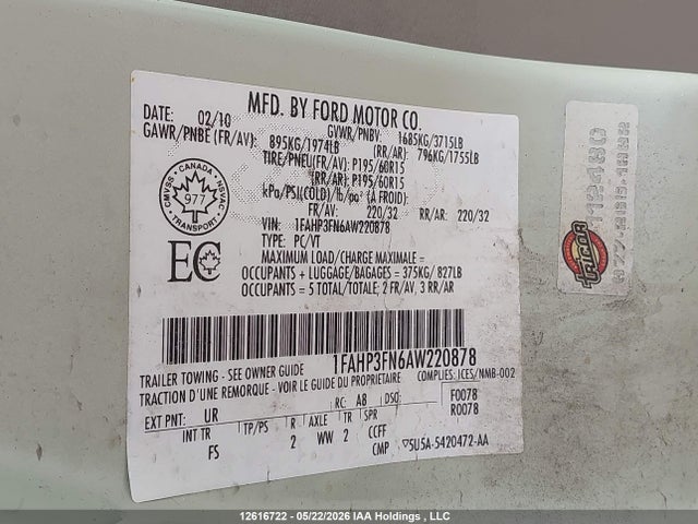 12616722 :رقم المزاد ، 1FAHP3FN6AW220878 vin ، 2010 Ford Focus Se مزاد بيع