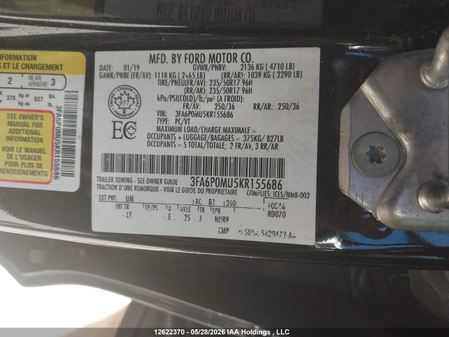 Продаж на аукціоні авто 2019 Ford Fusion Hybrid Sel, vin: 3FA6P0MU5KR155686, номер лоту: 12622370