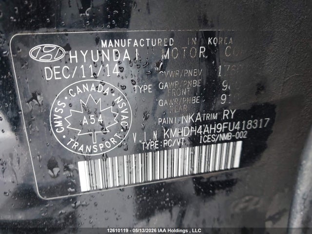 12610119 :رقم المزاد ، KMHDH4AH9FU418317 vin ، 2015 Hyundai Elantra Gls مزاد بيع