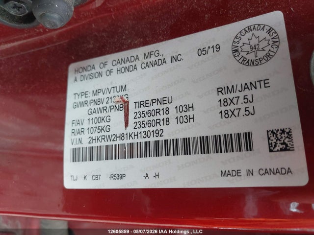 Aukcja sprzedaży 2019 Honda Cr-v Ex-l, vin: 2HKRW2H81KH130192, numer aukcji: 12605859