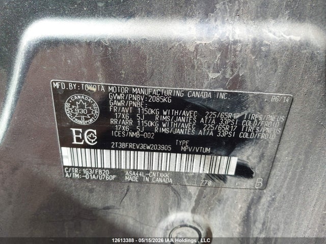 12613388 :رقم المزاد ، 2T3BFREV3EW203905 vin ، 2014 Toyota Rav4 Le مزاد بيع