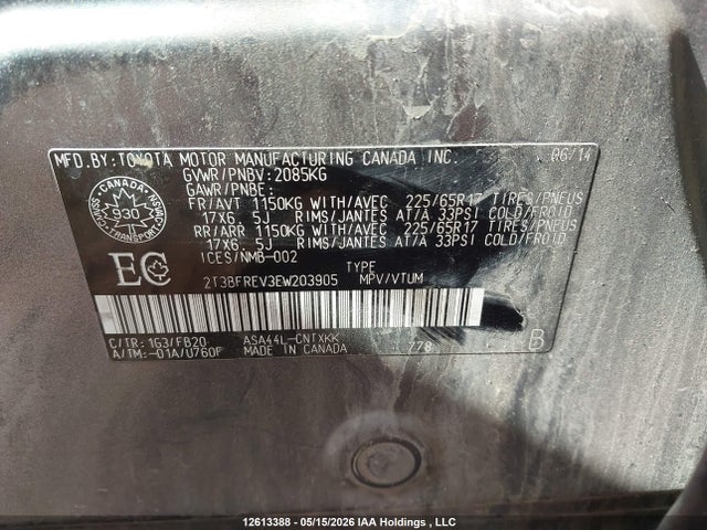 12613388 :رقم المزاد ، 2T3BFREV3EW203905 vin ، 2014 Toyota Rav4 Le مزاد بيع