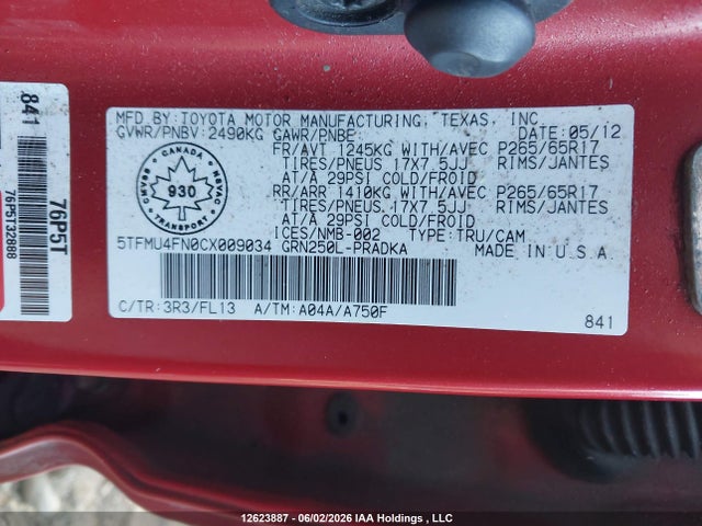 2012 Toyota Tacoma V6 მანქანა იყიდება აუქციონზე, vin: 5TFMU4FN0CX009034, აუქციონის ნომერი: 12623887
