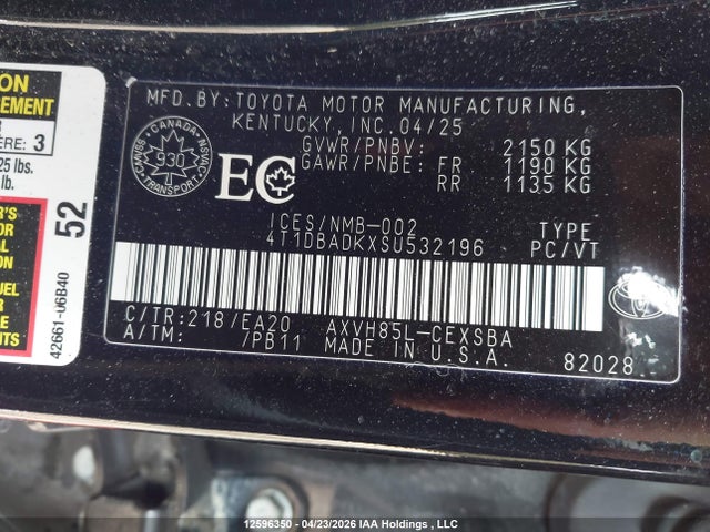 12596350 :رقم المزاد ، 4T1DBADKXSU532196 vin ، 2025 Toyota Camry Se Upgrade مزاد بيع