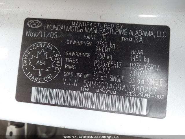 Aukcja sprzedaży 2010 Hyundai Santa Fe Gl 3.5, vin: 5NMSGDAG9AH340207, numer aukcji: 12599767