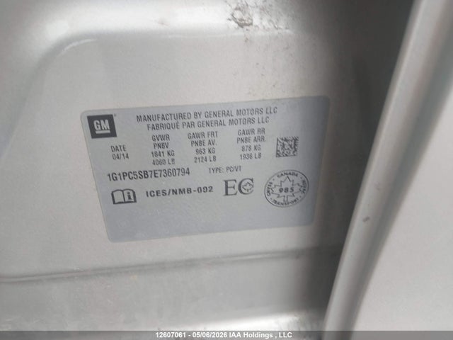 12607061 :رقم المزاد ، 1G1PC5SB7E7360794 vin ، 2014 Chevrolet Cruze 1lt مزاد بيع