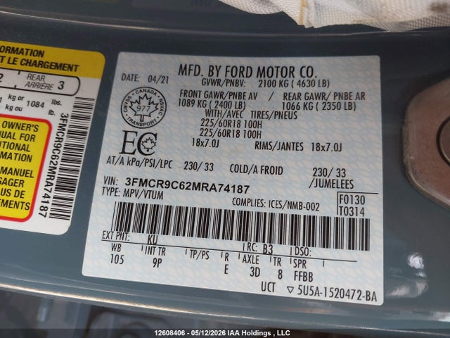 Продажа на аукционе авто 2021 Ford Bronco Sport Outer Banks, vin: 3FMCR9C62MRA74187, номер лота: 12608406