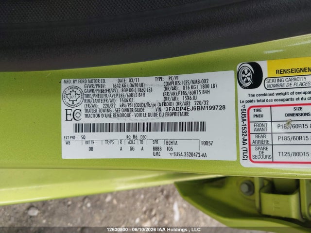 12630500 :رقم المزاد ، 3FADP4EJ6BM199728 vin ، 2011 Ford Fiesta Se مزاد بيع