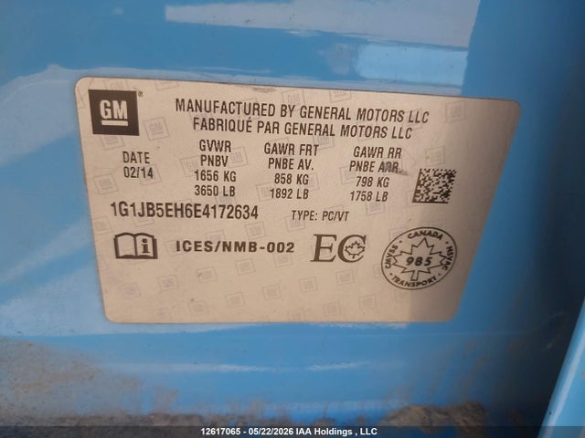 Продаж на аукціоні авто 2014 Chevrolet Sonic Ls Manual, vin: 1G1JB5EH6E4172634, номер лоту: 12617065