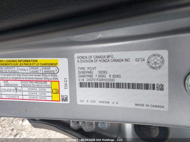 2024 Honda Civic Touring მანქანა იყიდება აუქციონზე, vin: 2HGFE1F94RH002643, აუქციონის ნომერი: 12630501