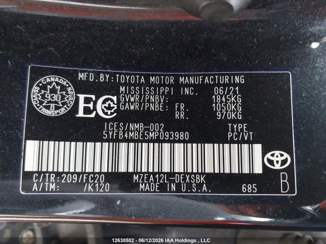 2021 Toyota Corolla Se მანქანა იყიდება აუქციონზე, vin: 5YFB4MBE5MP093980, აუქციონის ნომერი: 12630502