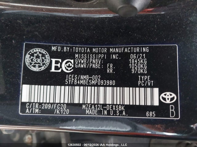 2021 Toyota Corolla Se მანქანა იყიდება აუქციონზე, vin: 5YFB4MBE5MP093980, აუქციონის ნომერი: 12630502