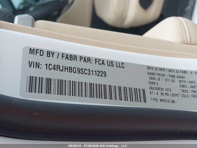 2025 Jeep Grand Cherokee Limited მანქანა იყიდება აუქციონზე, vin: 1C4RJHBG9SC311229, აუქციონის ნომერი: 12630519