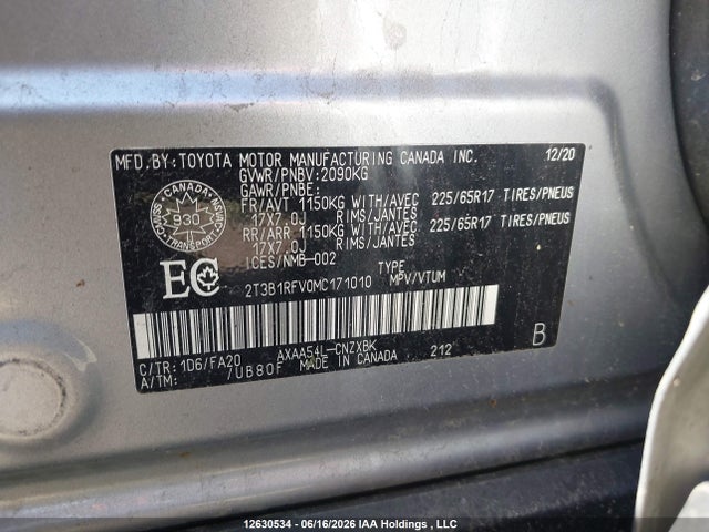 2021 Toyota Rav4 მანქანა იყიდება აუქციონზე, vin: 2T3B1RFV0MC171010, აუქციონის ნომერი: 12630534