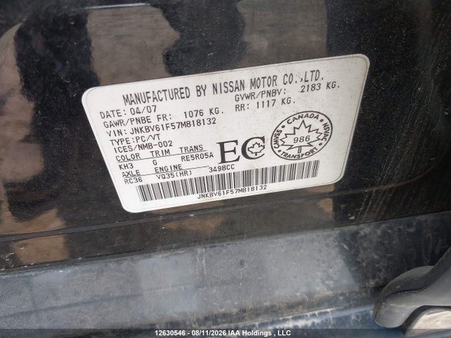 Aukcja sprzedaży 2007 Infiniti G35x, vin: JNKBV61F57M818132, numer aukcji: 12630546