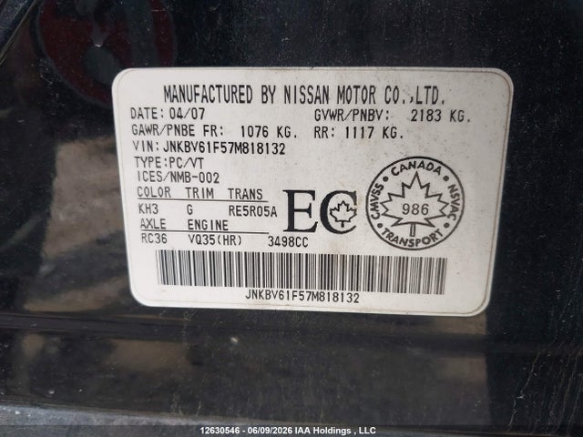 Aukcja sprzedaży 2007 Infiniti G35x, vin: JNKBV61F57M818132, numer aukcji: 12630546
