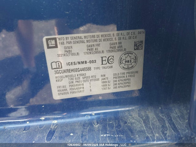 Продаж на аукціоні авто 2014 Chevrolet Silverado K1500 Lt, vin: 3GCUKREH6EG446588, номер лоту: 12630552
