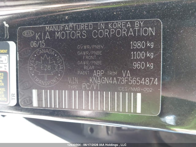 12630564 :رقم المزاد ، KNAGN4A73F5654874 vin ، 2015 Kia Optima Ex مزاد بيع