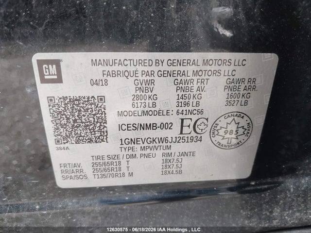 Aukcja sprzedaży 2018 Chevrolet Traverse, vin: 1GNEVGKW6JJ251934, numer aukcji: 12630575