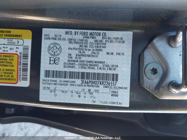 Ford FUSION SE 2019 3FA6P0HD7KR226557 Image 9