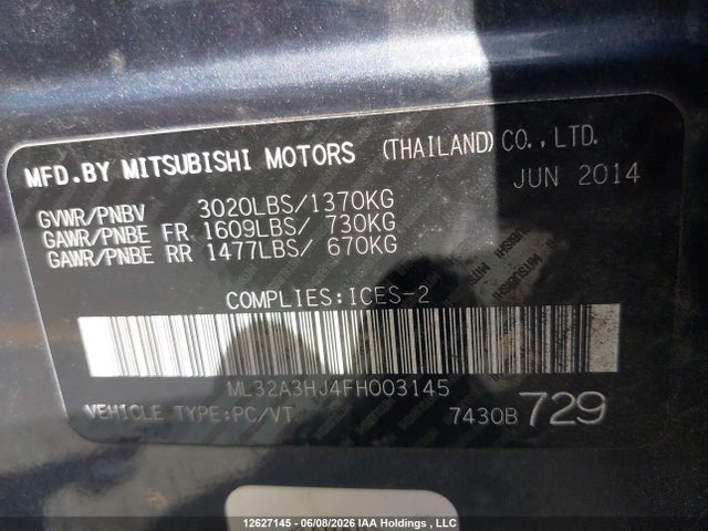Продаж на аукціоні авто 2015 Mitsubishi Mirage Es, vin: ML32A3HJ4FH003145, номер лоту: 12627145