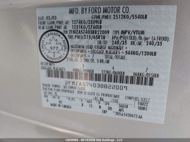 12630586 :رقم المزاد ، 2FMZA57403BB22009 vin ، 2003 Ford Windstar Sport مزاد بيع