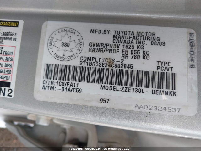 2004 Toyota Corolla Ce/le/s მანქანა იყიდება აუქციონზე, vin: 2T1BR32E24C802845, აუქციონის ნომერი: 12630598